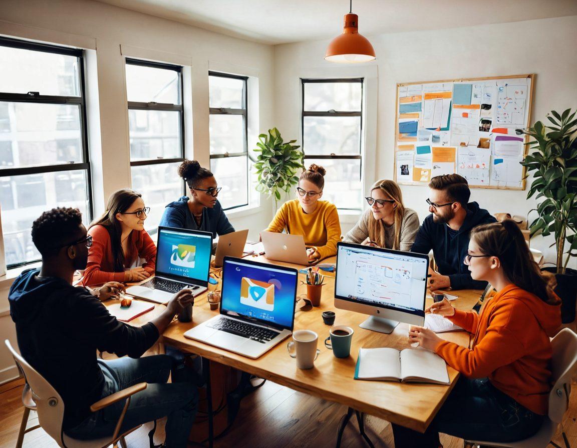 A vibrant and colorful digital illustration showcasing a diverse group of content creators brainstorming ideas together in a modern, cozy workspace. They are surrounded by laptops, note boards, and coffee cups, symbolizing collaboration and creativity. A visually appealing flow of ideas is represented by colorful arrows and lightbulbs. The atmosphere is energetic and inspiring, inviting viewers to join the community. super-realistic. vibrant colors. white background.