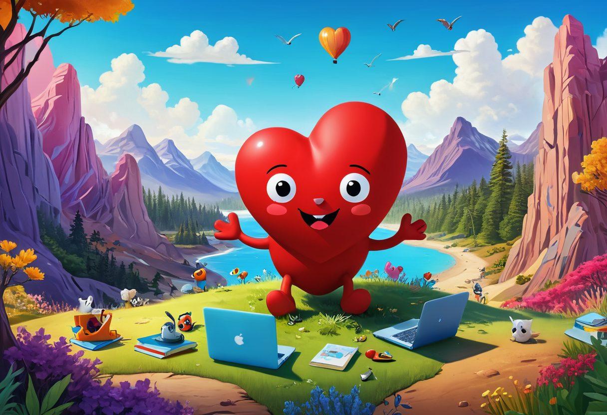A whimsical scene featuring a friendly, anthropomorphic heart character, with vibrant colors, joyfully guiding a diverse group of explorers on a blogging adventure through a colorful landscape filled with laptops, books, and inspirational quotes floating in the air. The background showcases a blend of creative tools and nature, symbolizing insights and experiences. Playful, cartoon-like style. vibrant colors.