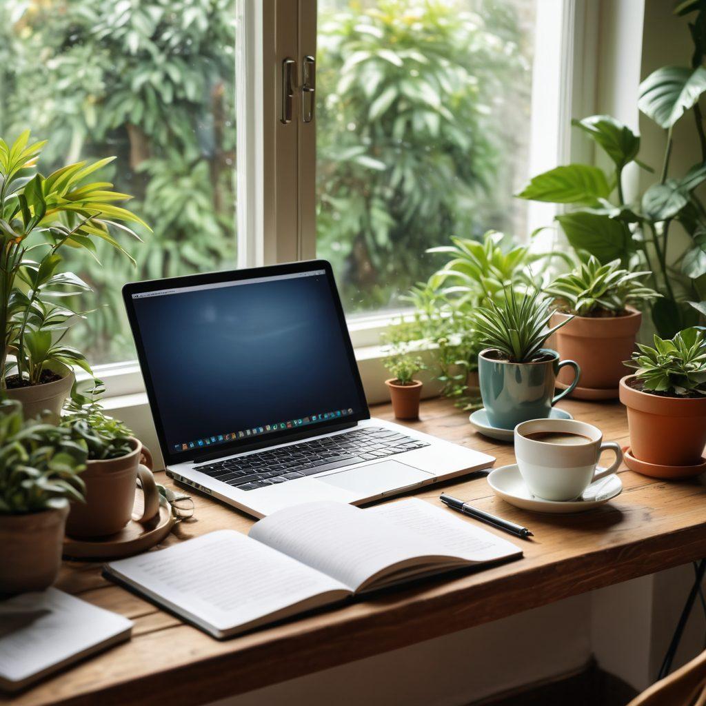 A serene scene depicting a cozy workspace with a laptop open to a blog page, surrounded by plants and a cup of coffee, sunlight streaming through a large window. Incorporate elements of lifestyle, such as a stylish notebook and a phone with social media apps displayed. Ensure a warm and inviting atmosphere to inspire creativity and exploration in blogging. super-realistic. vibrant colors. soft focus.